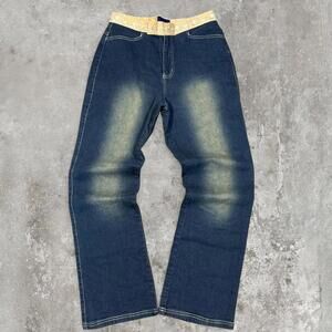 y2k western dark wash mid rise jeans with tan detailed waist, super cute